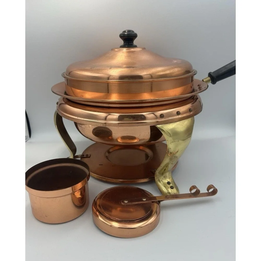 VTG Copper & Brass Patina Classic Chafing Dish Double Pan‎ Food Warmer Stand